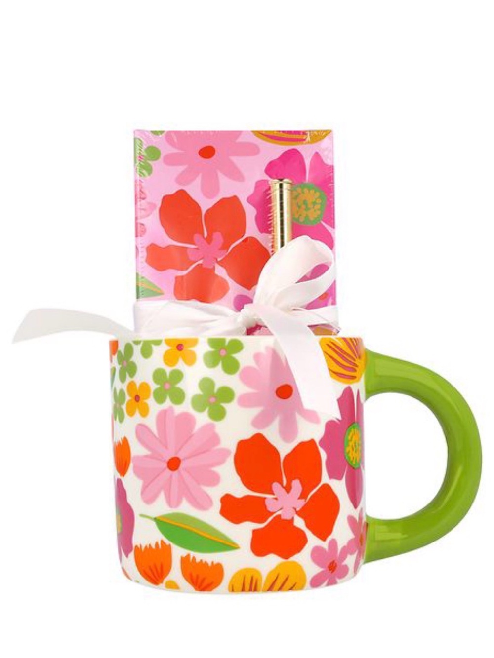Floral Ceramic Gift Mug with Green Handle - Pink & Orange Design